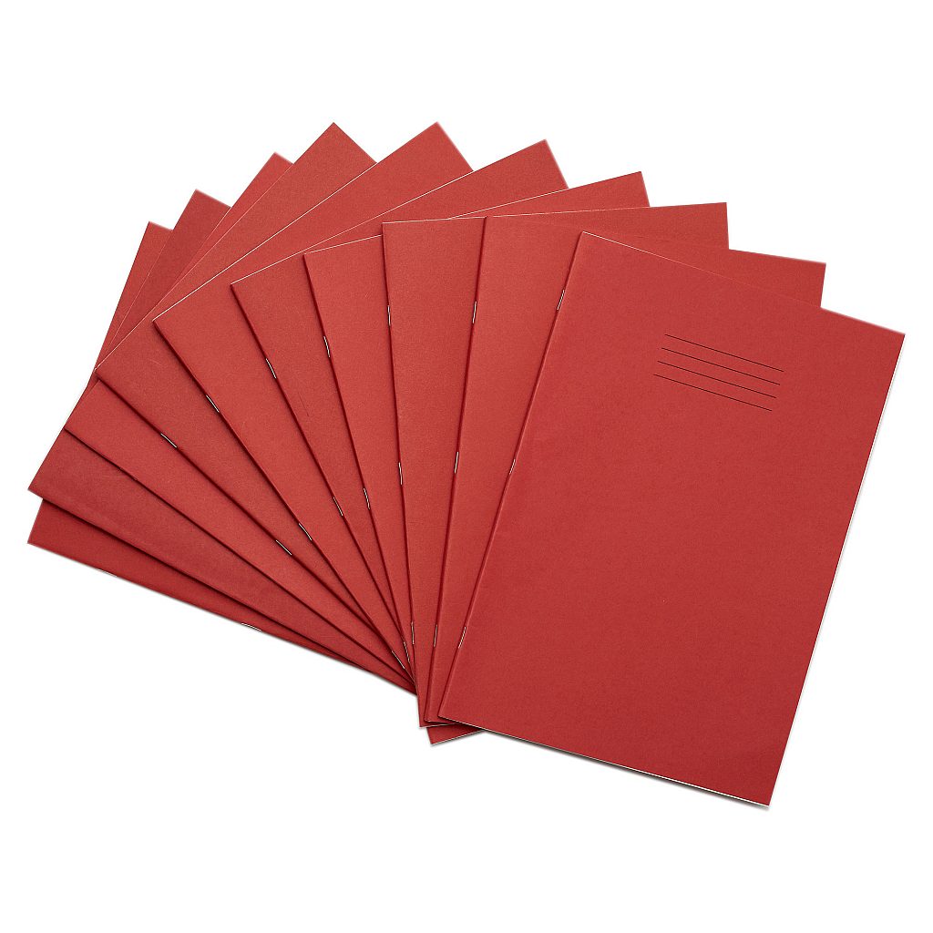 Pack of 10 Rhino A4 48 Page Red with Cream Tinted Paper 12mm Lined with Margin Exercise Books
