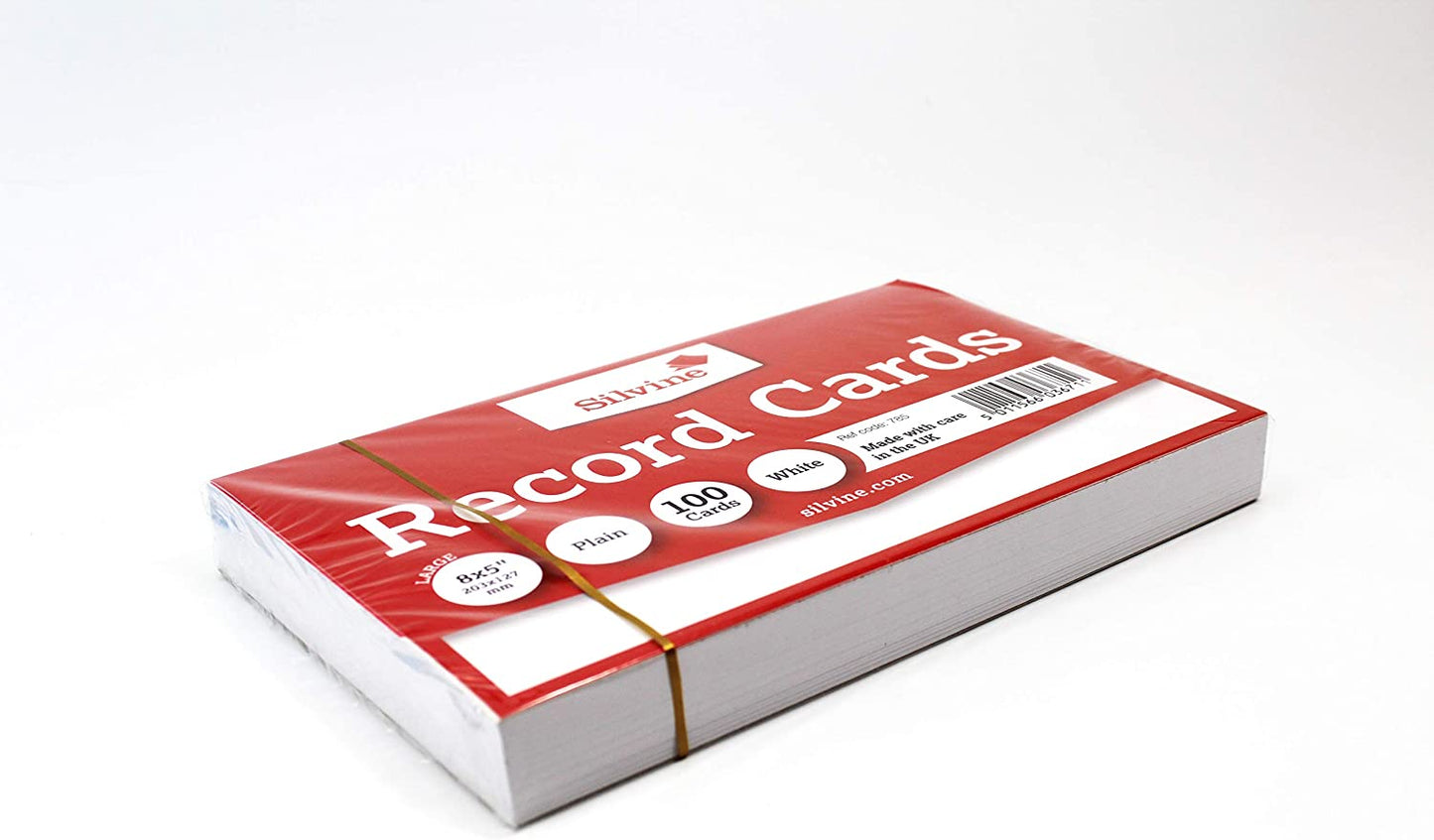 Pack of 100 Plain White Record Cards 8x5" (203 x 127mm)