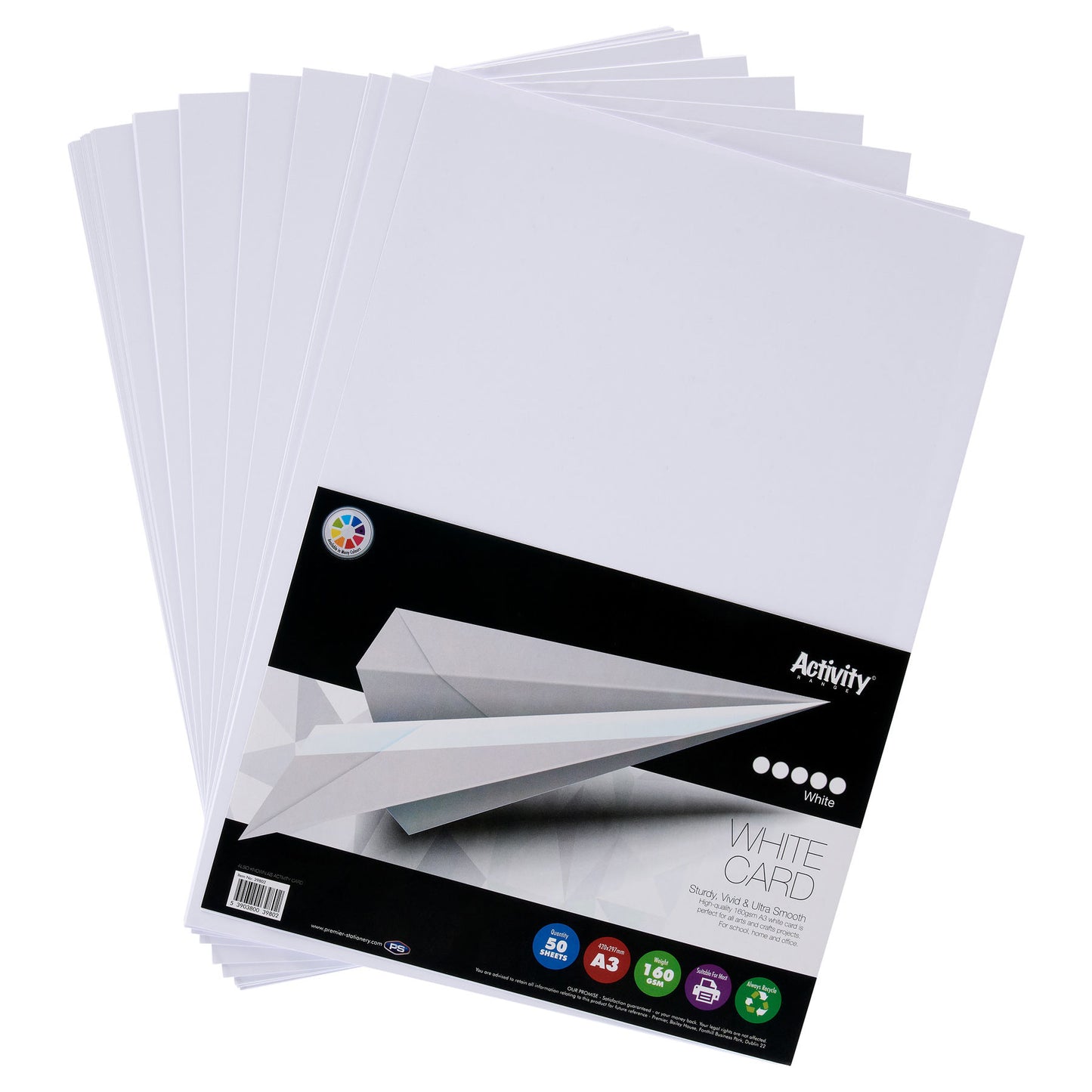 Pack of 50 A3 160gsm White Card Sheets by Premier Activity
