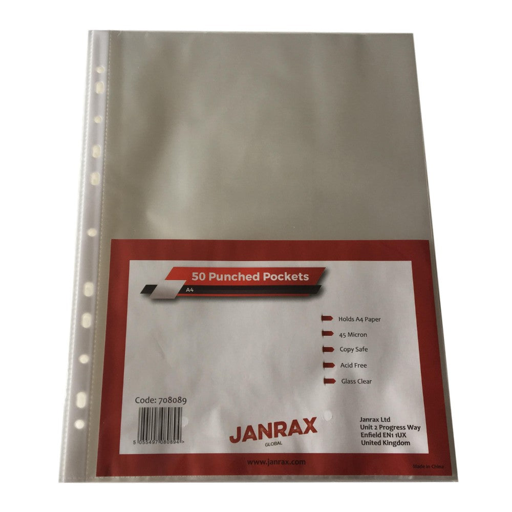 Pack of 50 A4 Glass Clear Punched Pockets by Janrax